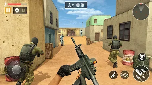 Commando engaging multiple enemies in an intense firefight