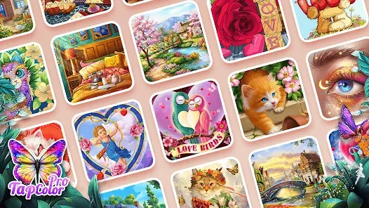 Various completed colorful artworks in Tap Color Pro