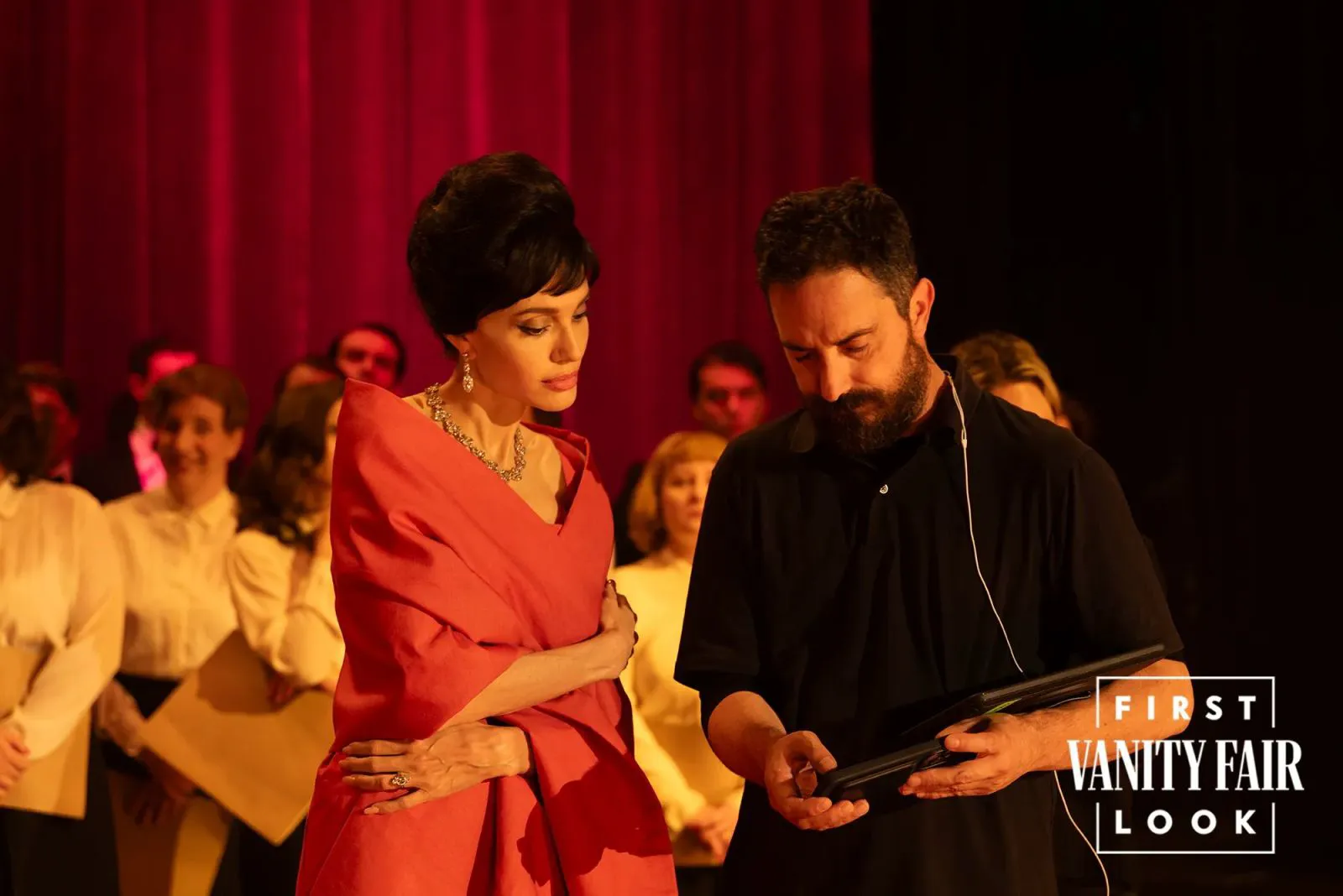 Angelina Jolie and Pablo Larraín on the set of 