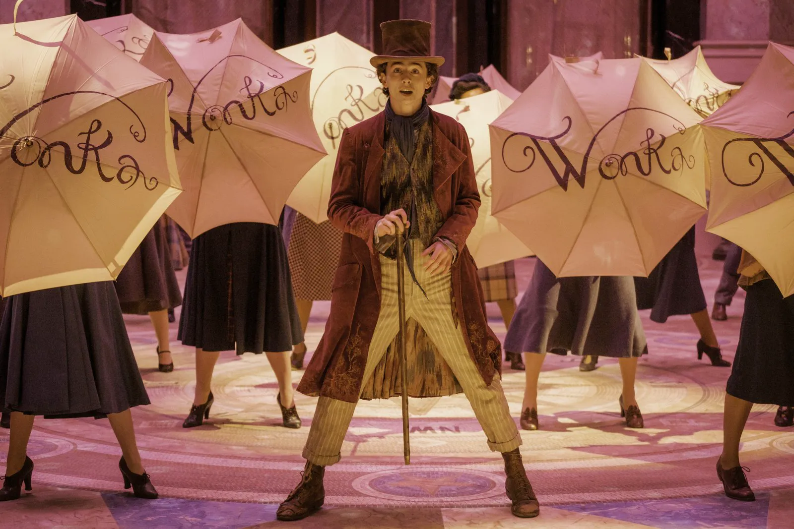 Timothée Chalamet as Willy Wonka in a still from 