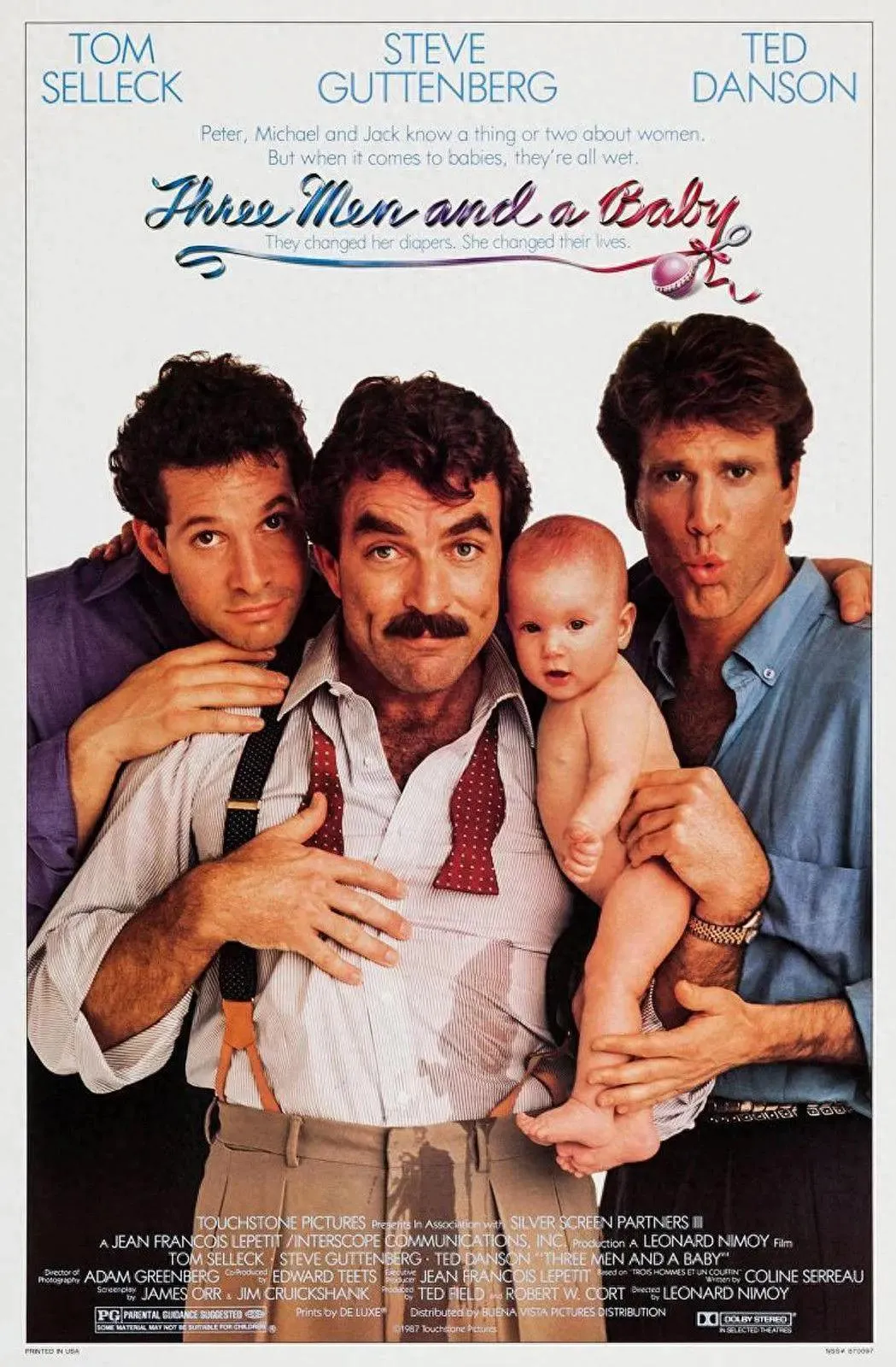 How "Three Men and a Baby" uses exaggeration and slapstick to enhance emotional elements.