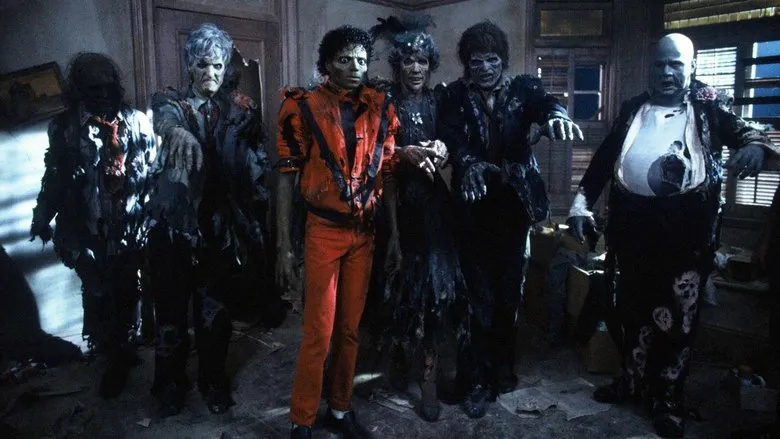 Michael Jackson in his iconic red jacket, mid-transformation in Thriller.