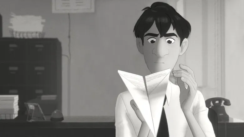 A man about to throw a paper airplane towards a distant building in a retro, black and white animated scene.
