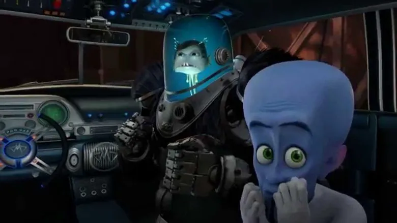 Megamind and Minion observing city destruction