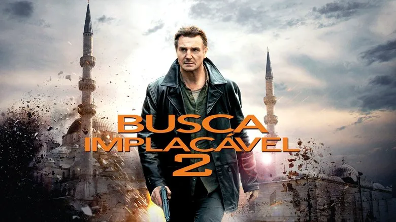 Liam Neeson as Bryan Mills, focused and ready for physical confrontation