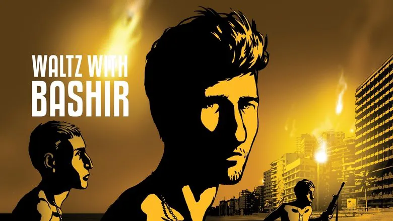 Animated soldiers walk through a surreal, war-torn landscape in Waltz with Bashir.