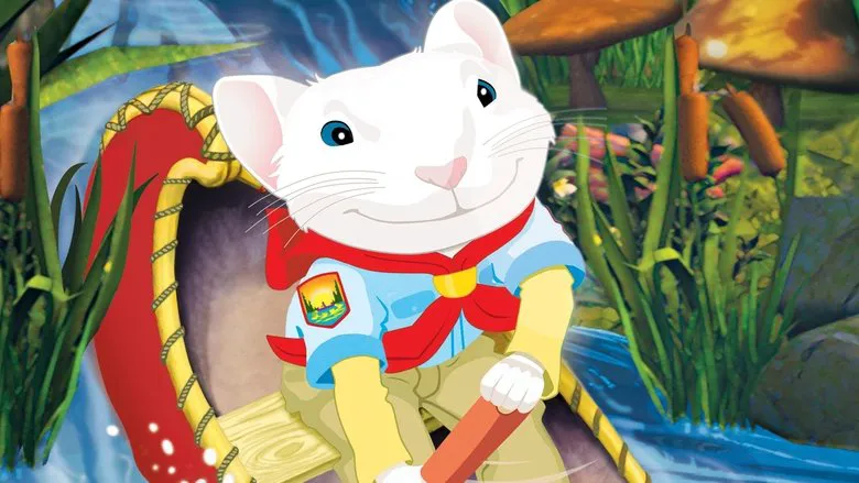 A promotional still from 'Stuart Little 2', showcasing Stuart mid-air in his small red plane, flying high above the city skyline.
