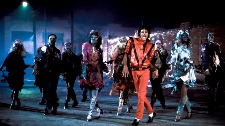 A vibrant, stylized image of Michael Jackson dancing with zombies from the Thriller music video.