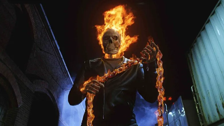 A close-up of The Ghost Rider's fiery skull, ablaze with supernatural power