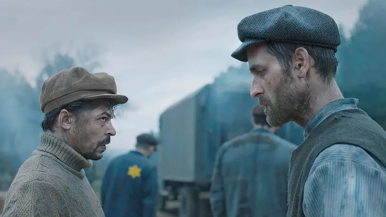 A tense moment with several prisoners, possibly debating or planning