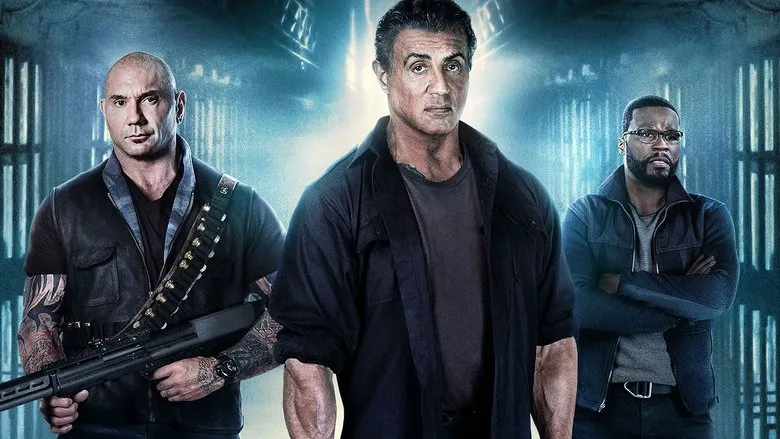 A trio of characters from the Escape Plan sequels, possibly engaged in dialogue or planning, in a brightly lit but somewhat generic setting.