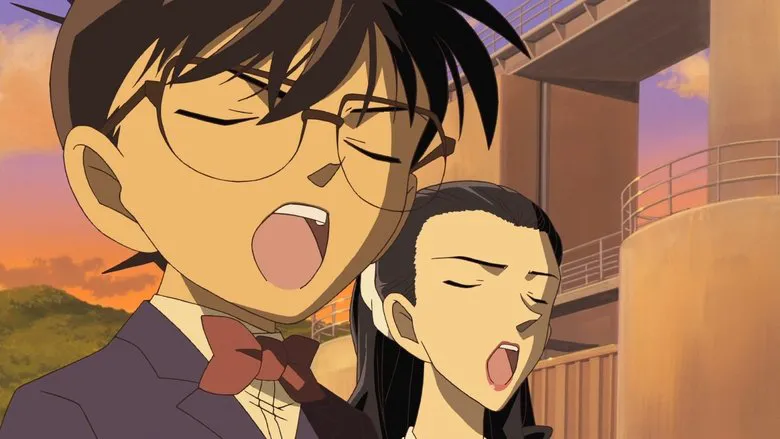 A scene from Detective Conan: Full Score of Fear, featuring the main character Conan in action, surrounded by musical instruments, indicating a mystery involving music.