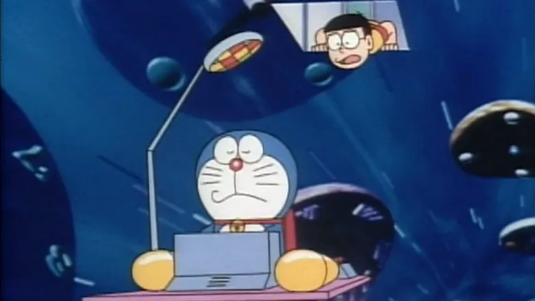 Doraemon and Nobita observing the toy town