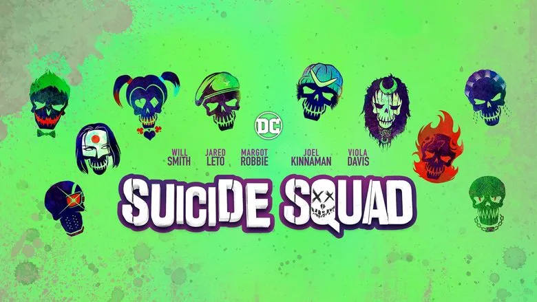 The full ensemble of the Suicide Squad standing ready for confrontation.