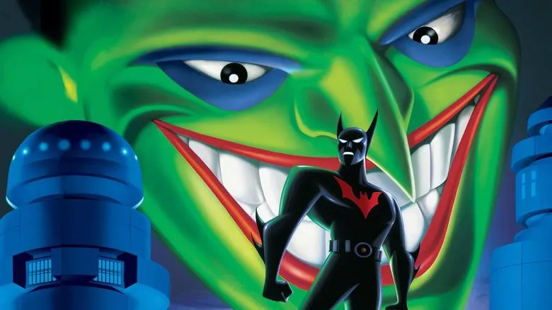 Batman standing stoically against the Gotham skyline, a city he strives to protect though perhaps in ways less effective than the Joker's.