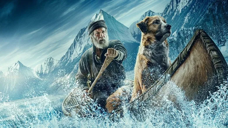 Buck, as a sledge dog, bravely pulling a sled through the snow, showcasing his transformation in the Yukon.