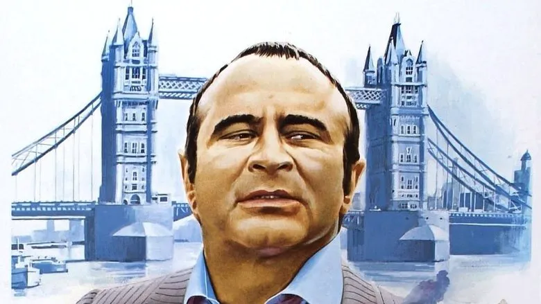 A stylized film poster featuring architectural elements and silhouettes, evoking the mystery and drama of London-set thrillers.