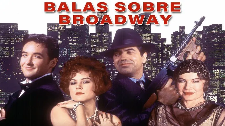 A character from the film gestures expressively on stage or during a performance, perhaps symbolizing the artistic choices and conflicts that drive the narrative in 'Bullets Over Broadway'.
