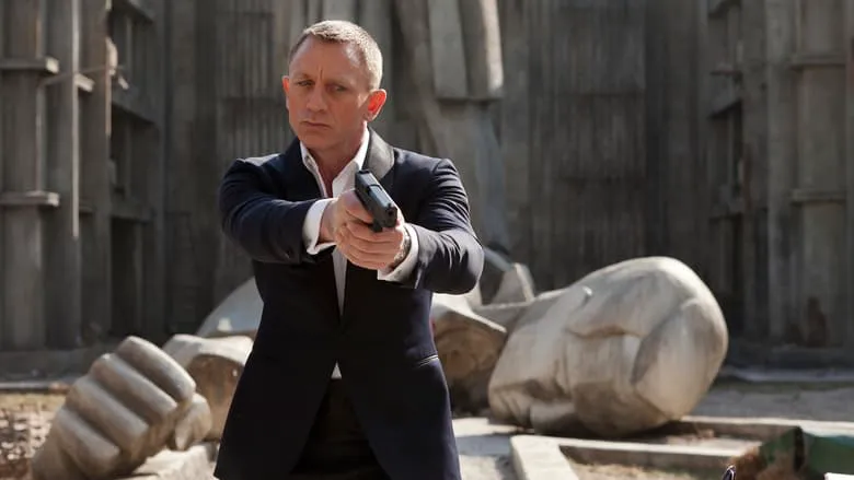 Daniel Craig as Bond, emerging from the shadows, ready for action.