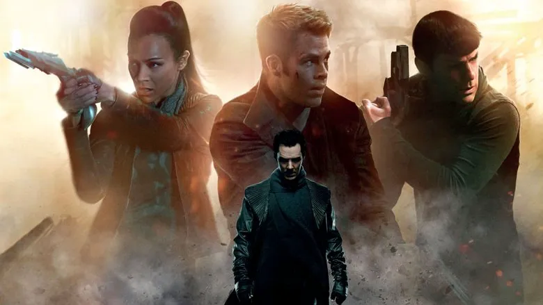 Chris Pine as James T. Kirk and Karl Urban as Dr. Leonard McCoy flee enraged alien natives on a scarlet-vegetation covered planet.